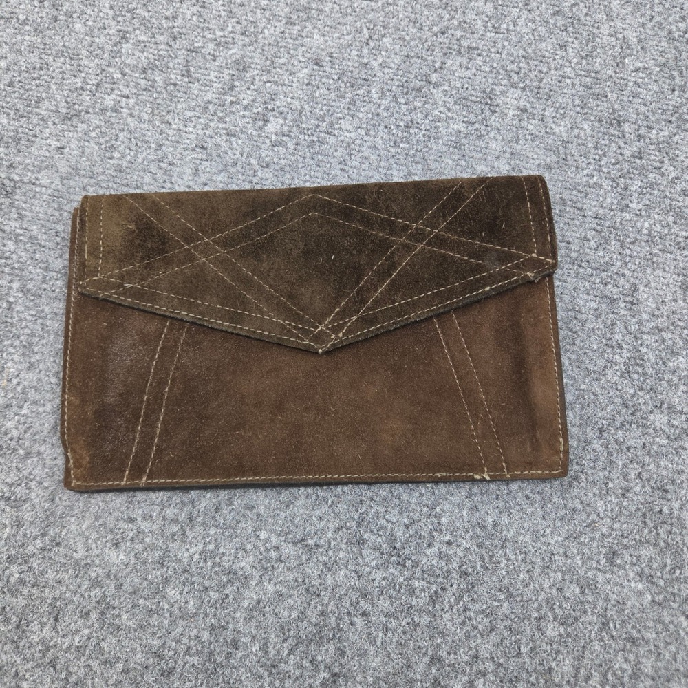Vintage 70s Suede Envelope Clutch Wallet Brown Contrast Stitch